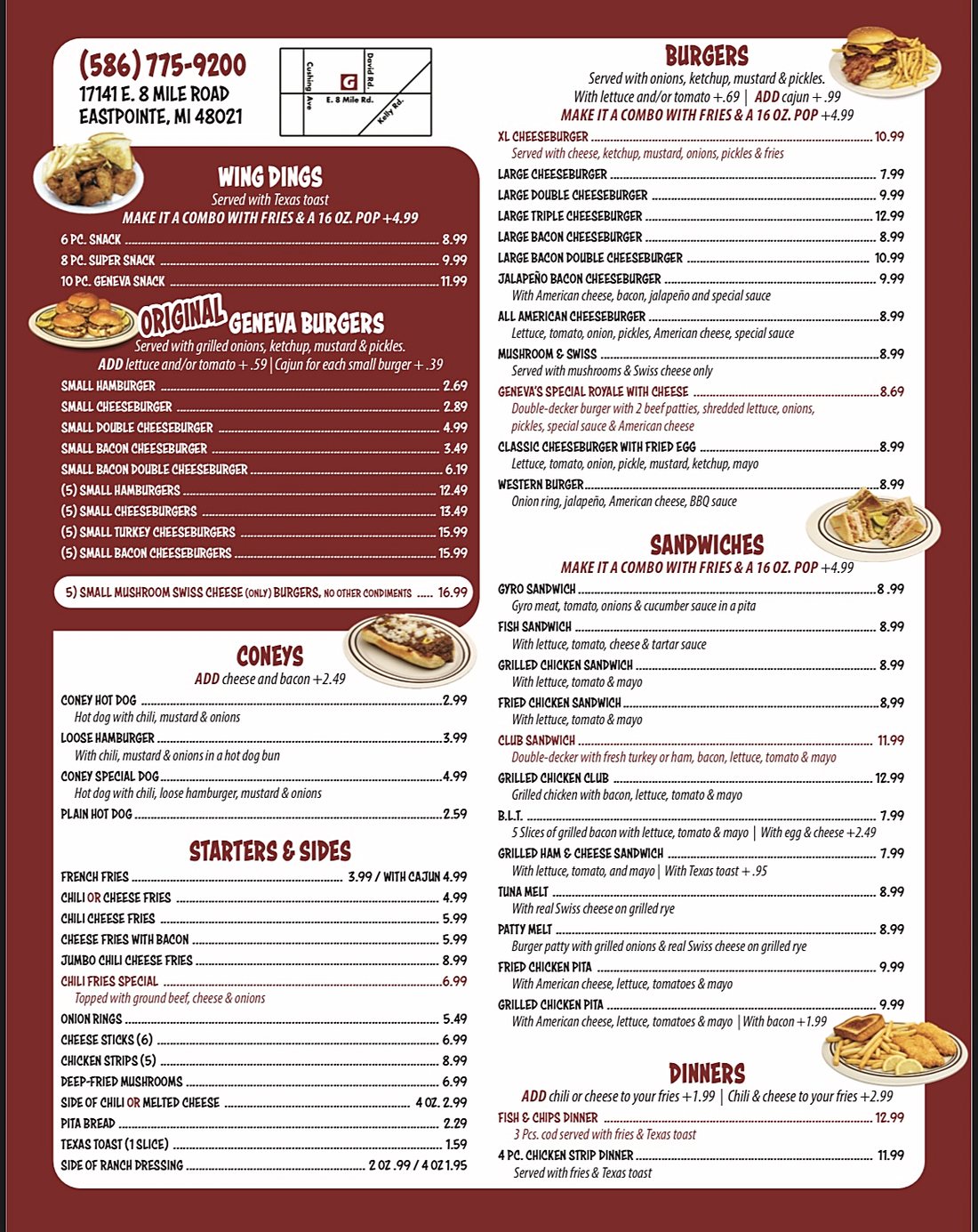 Geneva's printed menu board for burgers, coneys, sandwiches and dinners, with prices.